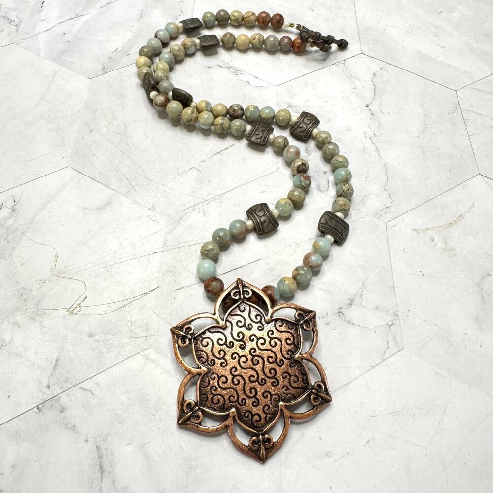 Chrysoprase Bead Necklace Copper Floral Mandala Pendant Natural Green Stone 18"